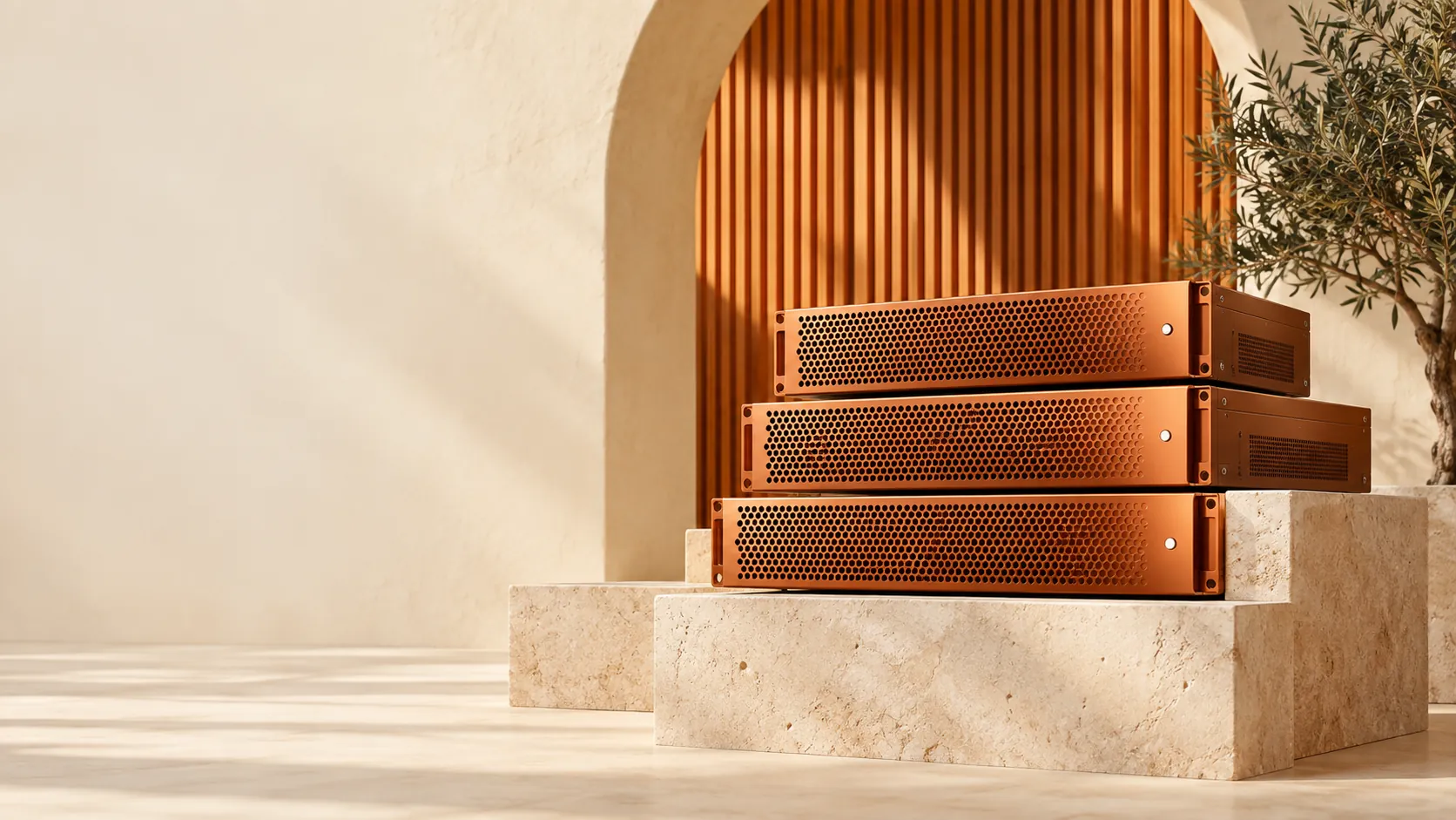 Orange server units on warm limestone plinths